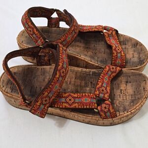 BORN SHOES SIRENA PLATFORM CORK SANDAL BROWN/BLUE MULTI SIZE 8 LIKE NEW